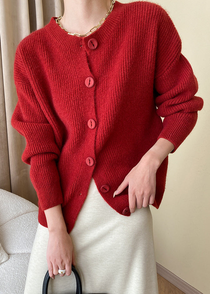 Loose Red Button Solid Knit Coats Fall