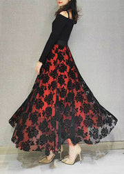 Loose Red Flocking Floral Exra Large Hem Tulle Skirts Spring