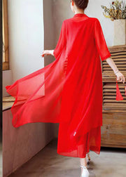 Loose Red O Neck Embroidered Solid Chiffon Two Pieces Set Half Sleeve