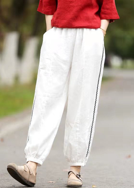 Loose Red Pockets Elastic Waist Cotton Crop Pants Summer