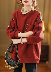 Loose Red Ruffled Pockets Patchwork Woolen Sweatshirt Long Sleeve