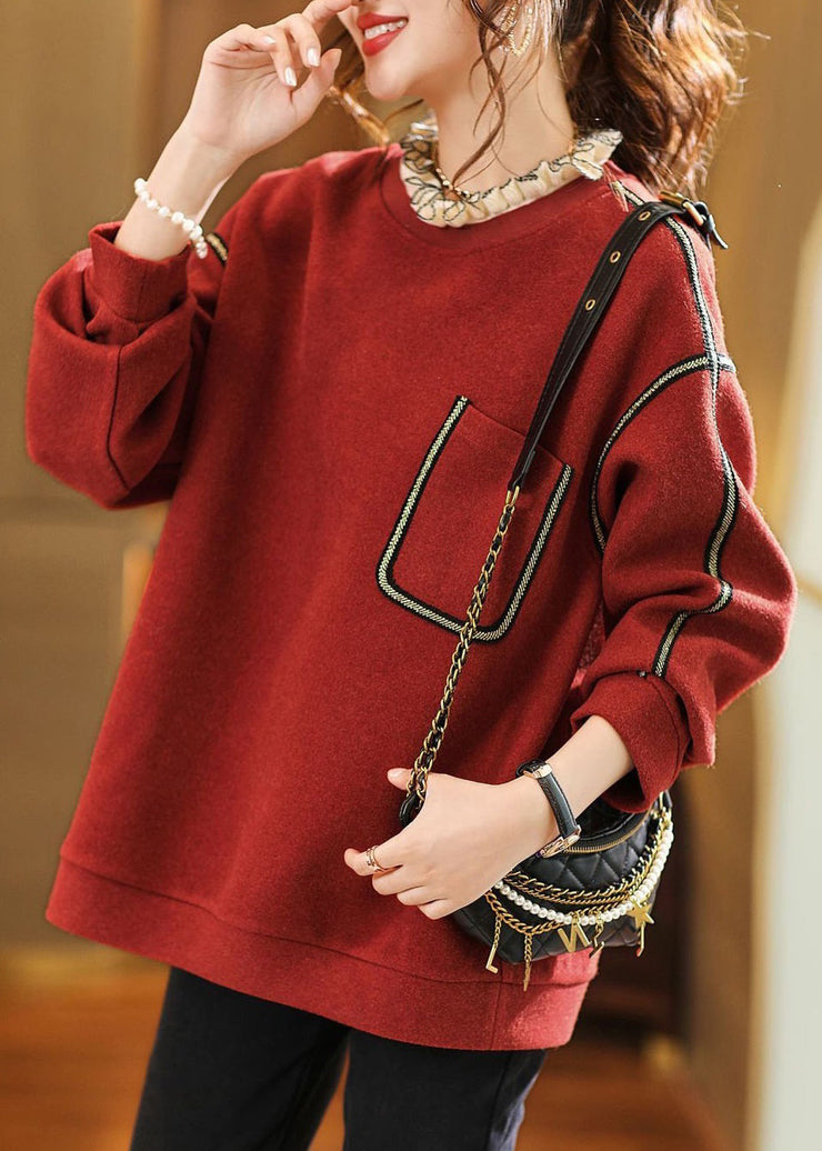 Loose Red Ruffled Pockets Patchwork Woolen Sweatshirt Long Sleeve