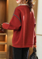 Loose Red Ruffled Pockets Patchwork Woolen Sweatshirt Long Sleeve