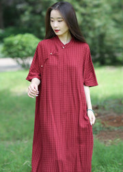 Loose Red Stand Collar Button Linen Long Dresses Summer