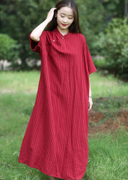 Loose Red Stand Collar Button Linen Long Dresses Summer