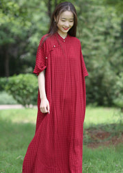 Loose Red Stand Collar Button Linen Long Dresses Summer