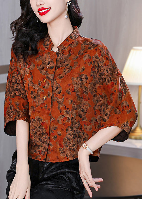 Loose Red Stand Collar Print Silk Shirt Bracelet Sleeve