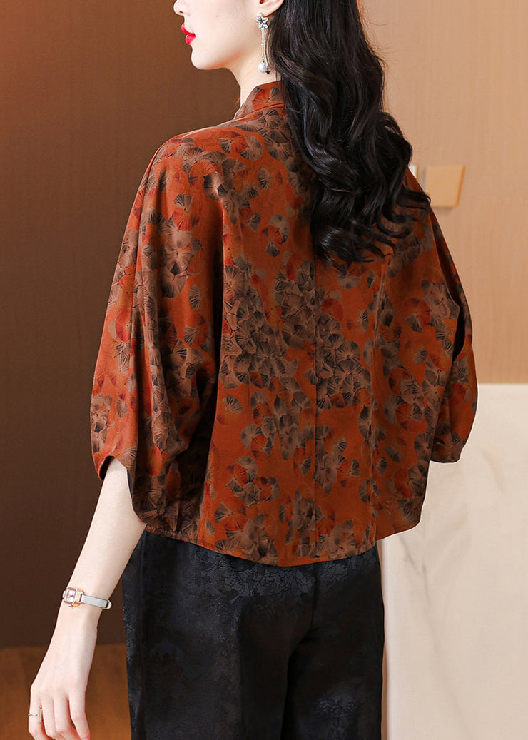 Loose Red Stand Collar Print Silk Shirt Bracelet Sleeve