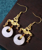 Loose White Ancient Gold Jade Enamel Ping Buckle Drop Earrings