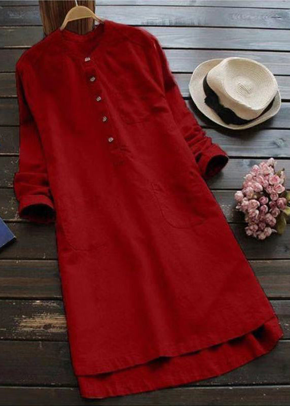 Loose White Button Pockets Linen Shirt Dresses Long Sleeve