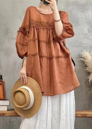 Loose Orange O Neck Lace Patchwork Linen Tops Lantern Sleeve