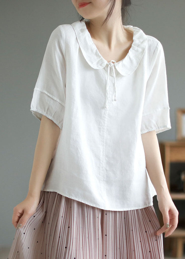 Loose White Peter Pan Collar Patchwork Cotton T Shirts Summer