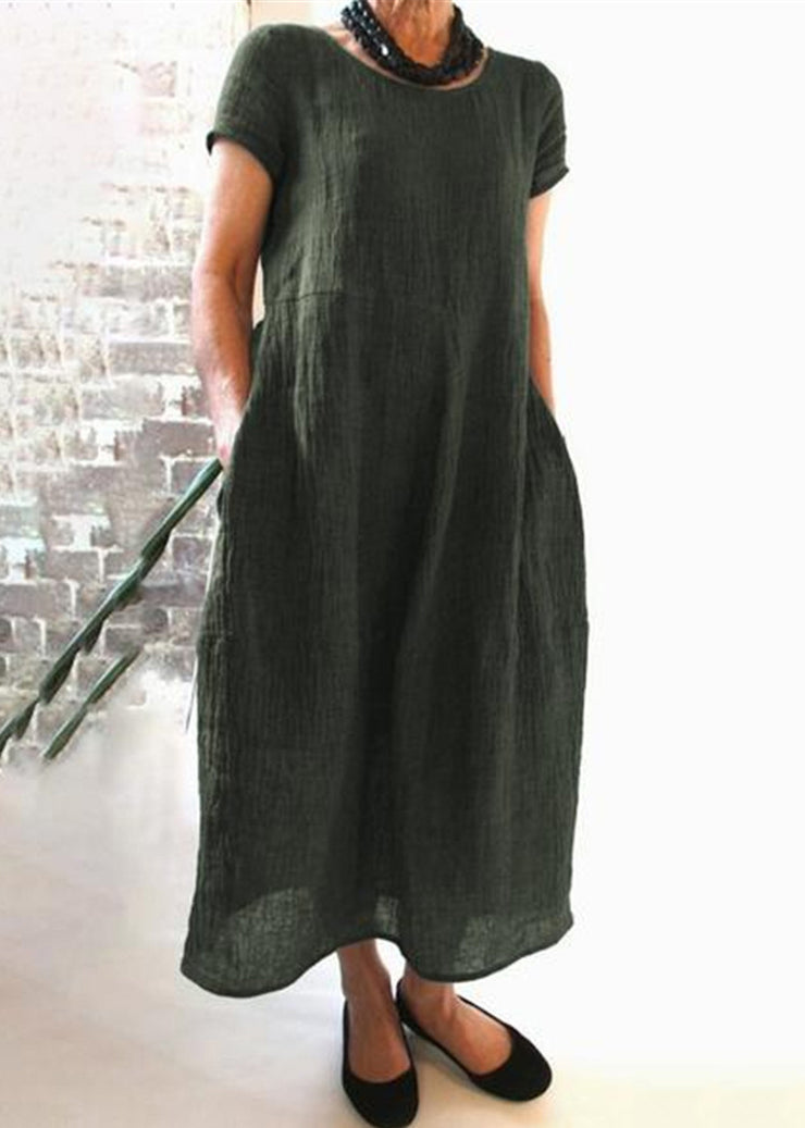 Loose Wine Red O Neck Pockets Cotton Dress Summer