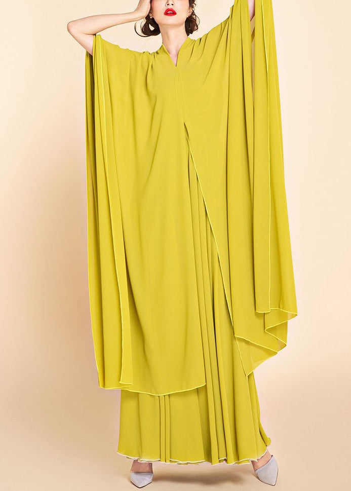 Loose Yellow Asymmetrical Side Open Chiffon Two Piece Set Spring