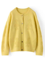 Loose Yellow Button Hollow Out  Cotton Knit Coats Long Sleeve