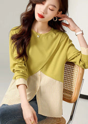 Loose Yellow O-Neck Striped Patchwork T Shirts Long Sleeve