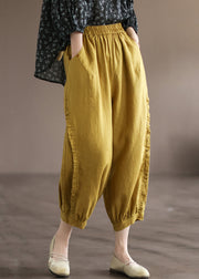 Loose Yellow Ruffled Pockets High Waist Linen Crop Pants Summer