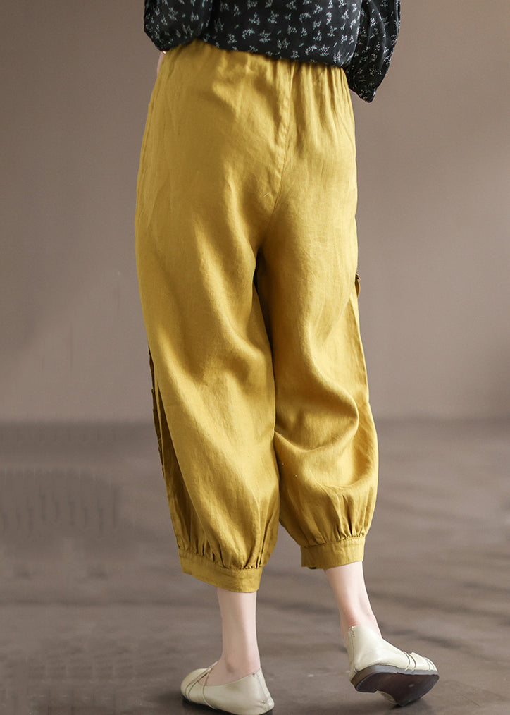 Loose Yellow Ruffled Pockets High Waist Linen Crop Pants Summer