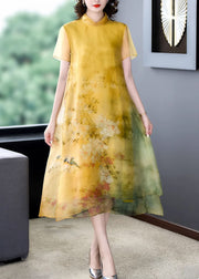 Loose Yellow Stand Collar Button Print Silk Long Dress Summer