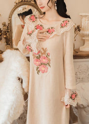 Modern Apricot Embroidered Floral Patchwork Tulle Knit Long Sweater Spring