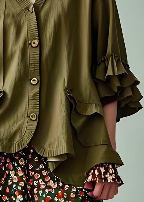 Modern Army Green V Neck Button Patchwork Cotton Coats Petal Sleeve