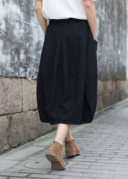 Modern Black Elastic Waist Patchwork Linen A Line Skirt Fall