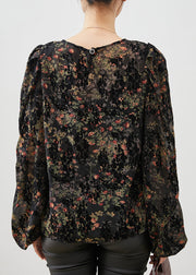 Modern Black Oversized Print Chiffon Top Puff Sleeve