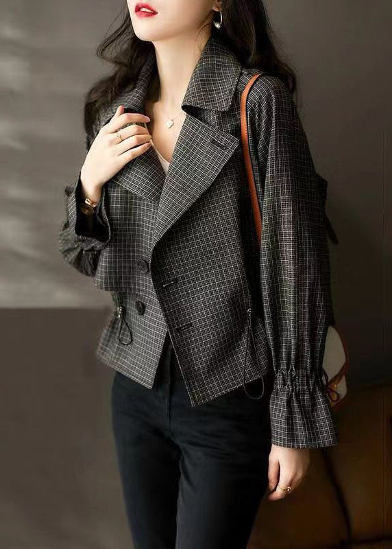 Modern Black Peter Pan Collar Plaid Drawstring Patchwork Cotton Jacket Fall