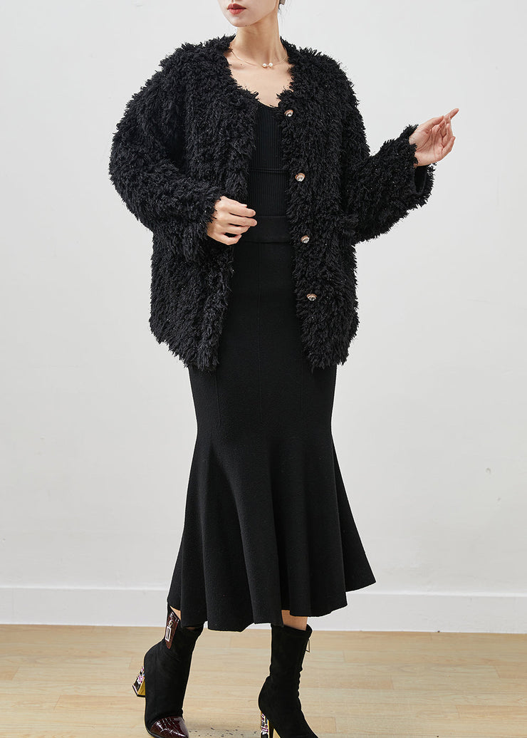 Modern Black Sequins Faux Fur Coats And Dress Two-Piece Set Winter