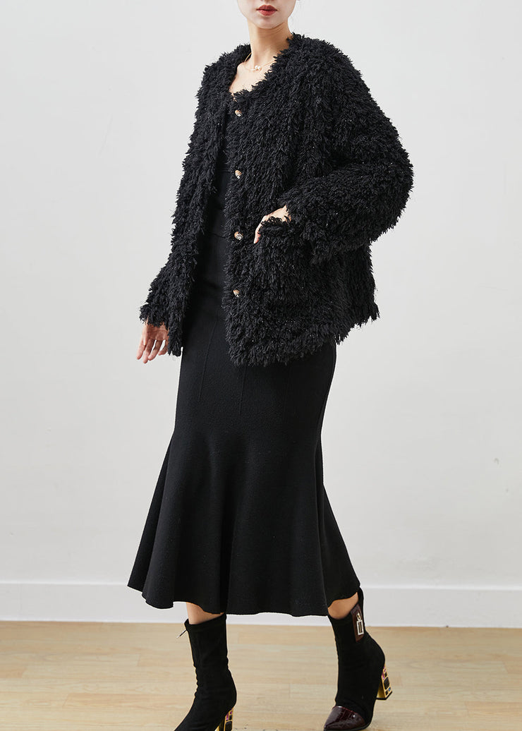 Modern Black Sequins Faux Fur Coats And Dress Two-Piece Set Winter