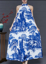 Modern Blue Cold Shoulder Print Cotton A Line Dress Summer