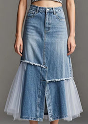 Modern Blue Tulle Patchwork Side Open Denim Skirt Spring