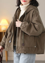 Modern Coffee Hooded Oversized Drawstring Warm Fleece Jackets Spring