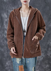 Modern Coffee Hooded Pockets Corduroy Coat Spring