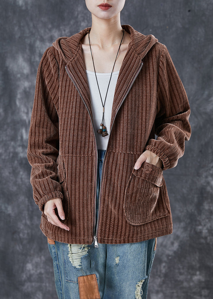 Modern Coffee Hooded Pockets Corduroy Coat Spring