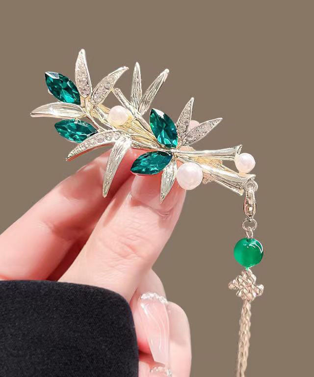 Modern Green Alloy Crystal Jade Bamboo Leaf Tassel Hairpin