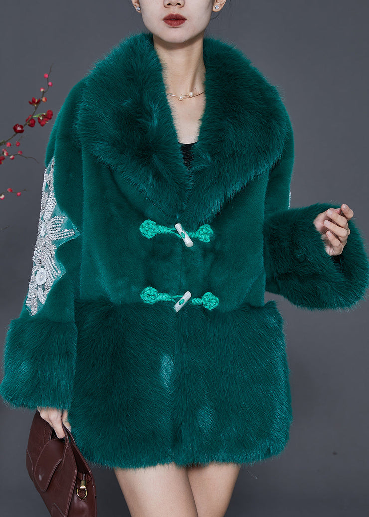 Modern Green Chinese Button Patchwork Mink Velvet Trench Winter