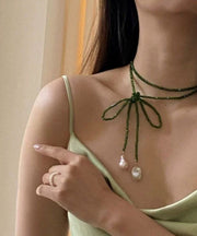 Modern Green Pearl Crystal Beading Sweater Pendant Necklace