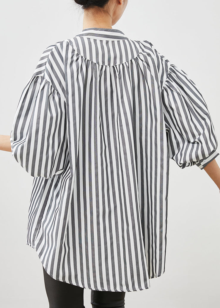 Modern Grey Oversized Striped Cotton Blouses Spring