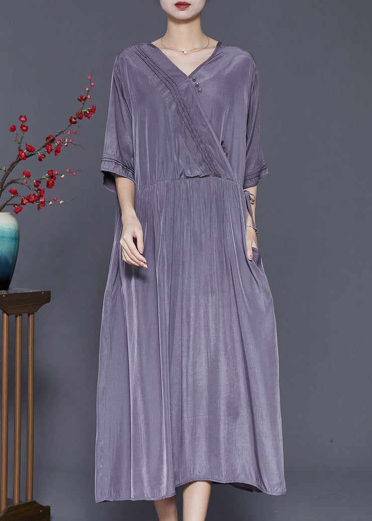 Modern Grey V Neck Patchwork Wrinkled Linen Dress Summer