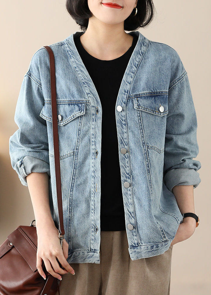 Modern Light Blue V Neck Oversized Cotton Denim Coats Spring