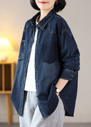 Modern Navy Oversized Embroidered Warm Fleece Denim Jackets Spring