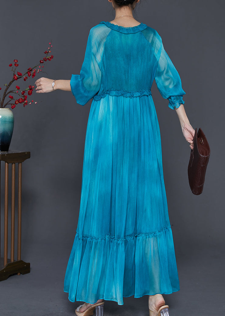 Modern Peacock Blue Ruffled Patchwork Chiffon Maxi Dress Spring