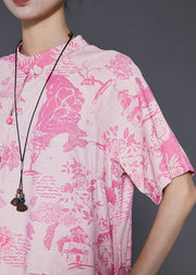 Modern Pink Mandarin Collar Print Silk Vacation Dresses Summer