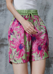 Modern Purple Floral Elastic Waist Cotton Shorts Summer