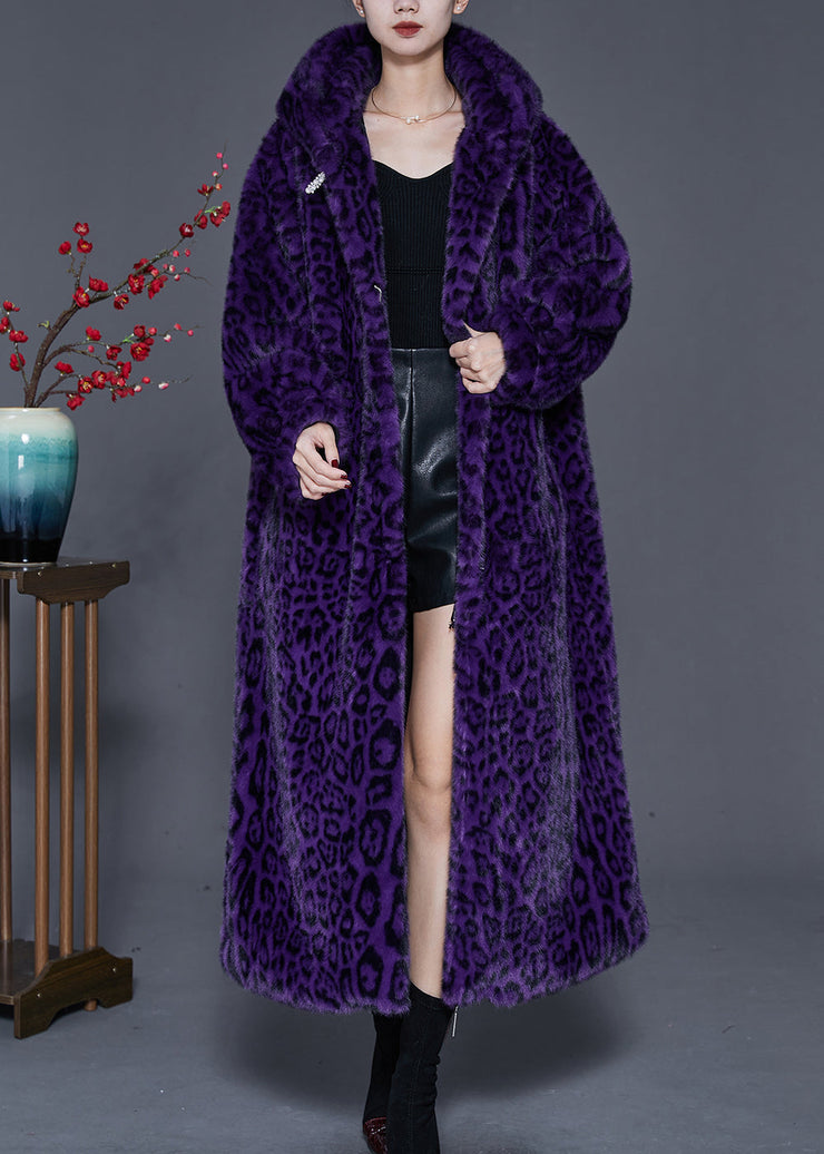 Modern Purple Oversized Print Faux Fur Coat Spring