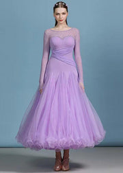 Modern Purple Zircon Tulle Patchwork Exra Large Hem Dance Dress Long Sleeve