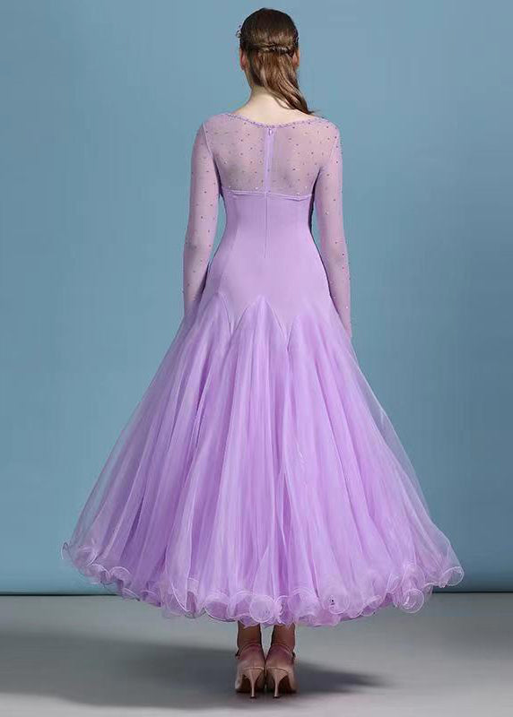 Modern Purple Zircon Tulle Patchwork Exra Large Hem Dance Dress Long Sleeve