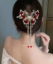 Modern Red Alloy Pearl Zircon Butterfly Tassel Hairpin