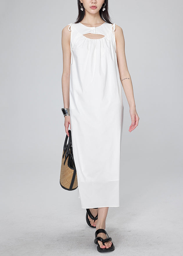 Modern White O-Neck Wrinkled Lace Tie Long Dresses Summer